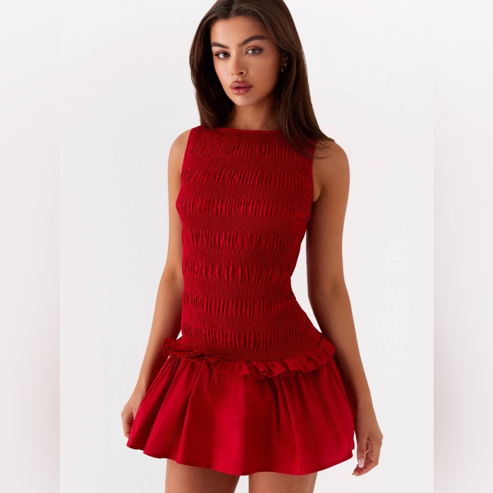 MARBLE Red Smocked Sleeveless Mini Dress with Ruffle Hem Size M